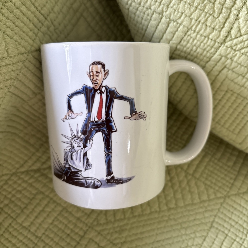 Barack Obama Political Satire Coffee Mug Cup Statue of Liberty Begging Cartoon